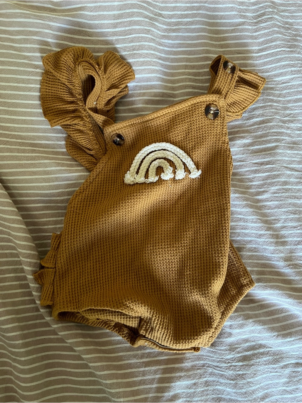 Mustard Waffle Knit Baby Romper with Rainbow Applique